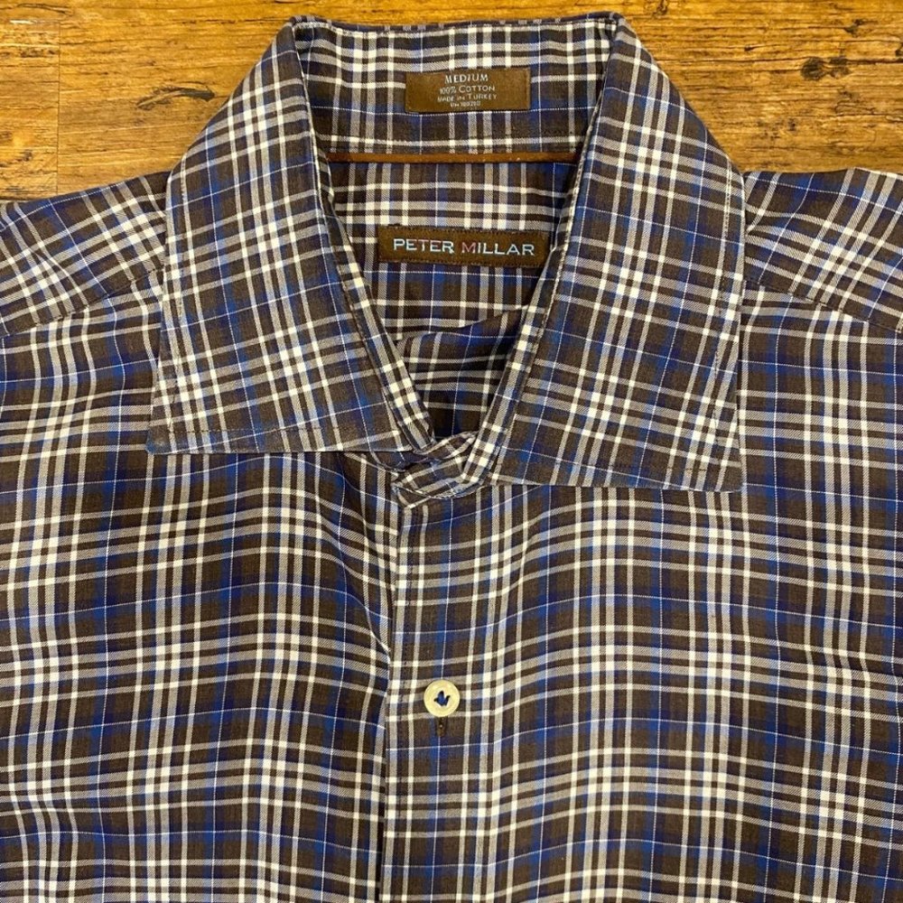 Peter Millar Brown Plaid Dress Casual Long Sleeve Button Up Shirt Men's Size Med - Picture 3 of 10